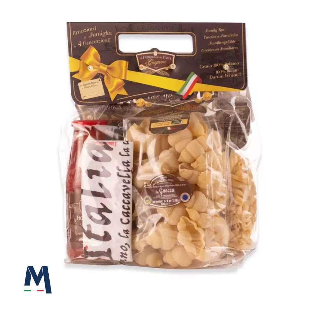 Vorratssack mit Pasta aus Gragnano IGP, Tomatensauce und Geschirrtuch