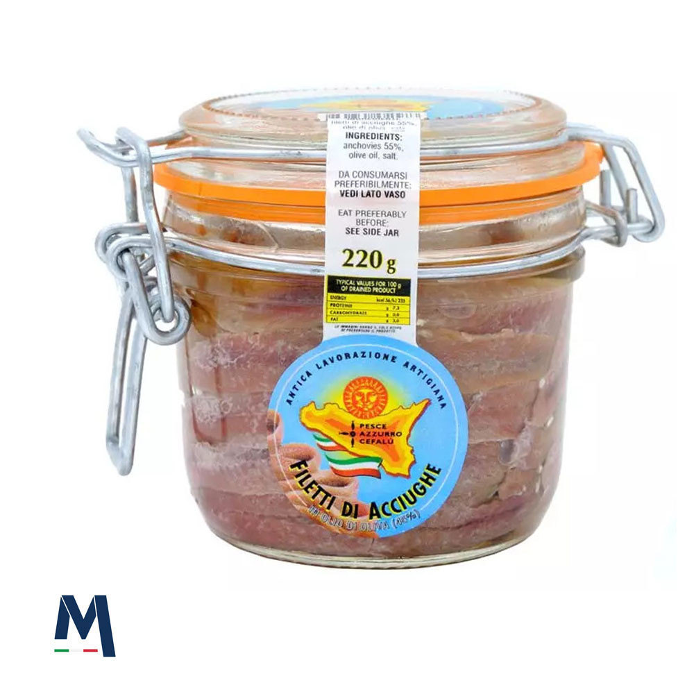 Filetti di Acciughe in Olio di Oliva in vaso 220 gr Pesce Azzurro