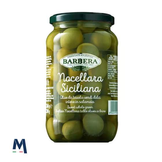 Olives vertes Nocellara douces entières de Sicile en saumure 560 g
